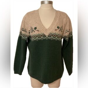 Vintage Northern Reflections Green and Beige Sweater Leaf Embroidery Ladies Sz L